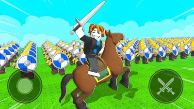 Official store artwork: a mounted commander on horseback raising a sword above rows of blue-shield troops, mobile control buttons in the corners.