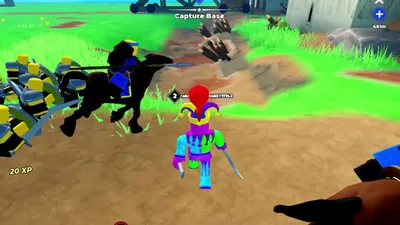 Shield infantry in formation with cavalry nearby and a capture base structure.