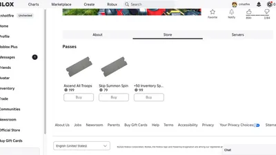 The official Command An Army Roblox store tab showing three game passes: Ascend All Troops for 199 Robux, Skip Summon Spin for 79 Robux, and +50 Inventory Space for 99 Robux, each with a Buy button.