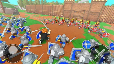 A blue-shield army led by a player with a sword charging toward red shield defenders waiting at a wooden fort wall with two towers.