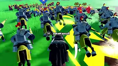 Melee infantry and a horseman in a close-range battle with name tags visible.